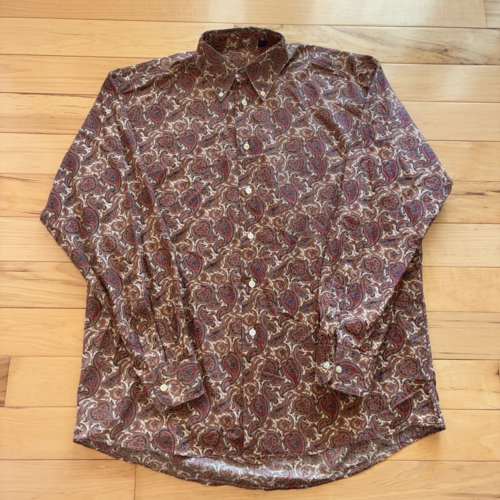 Vintage Burberry 90's Paisley Mosaic Red Multicolor Button Down Shirt L USA Made - Picture 2 of 6